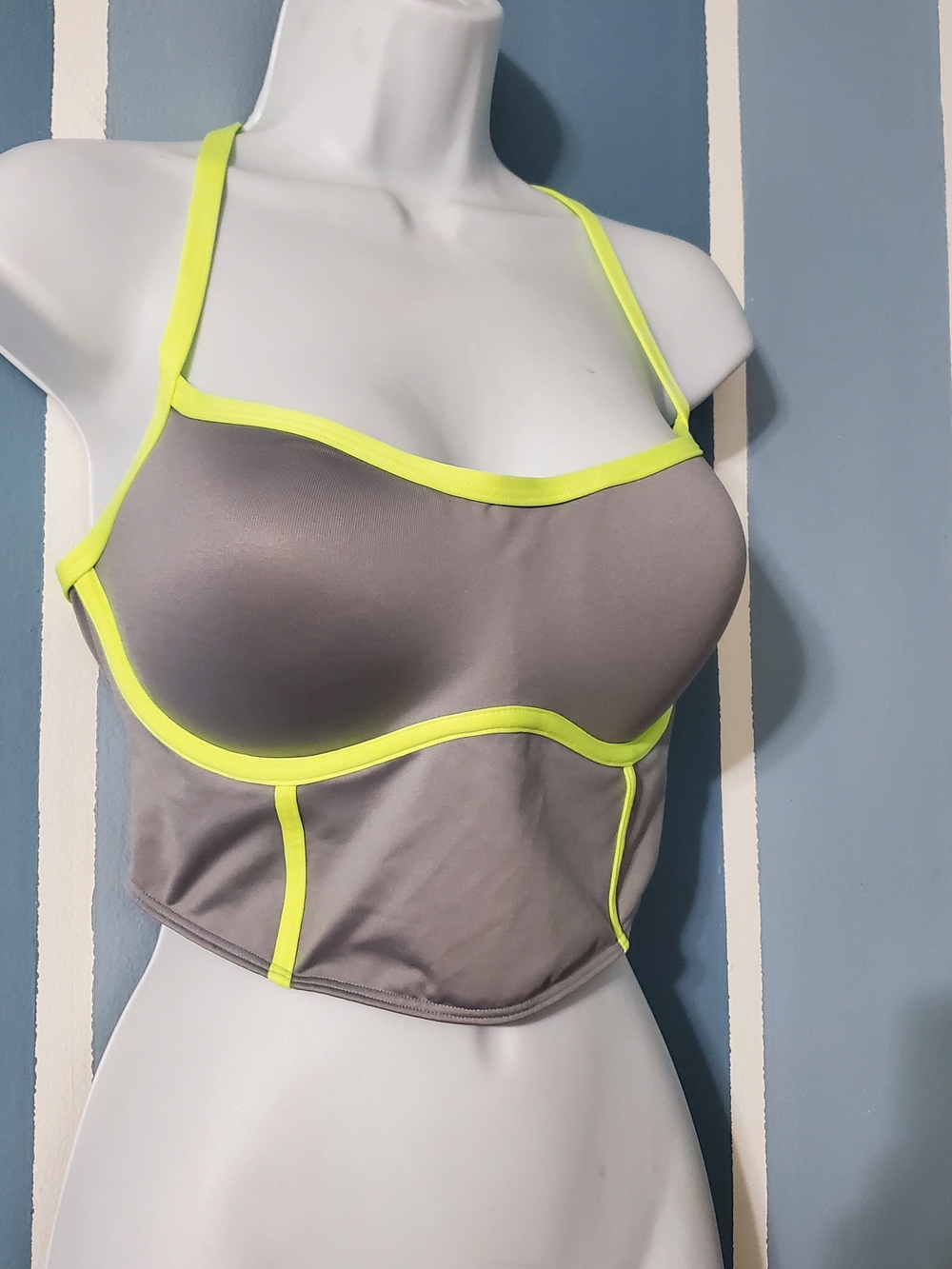 PINK Victoria's Secret Gray Cropped Bustier with Neon Yellow Trim